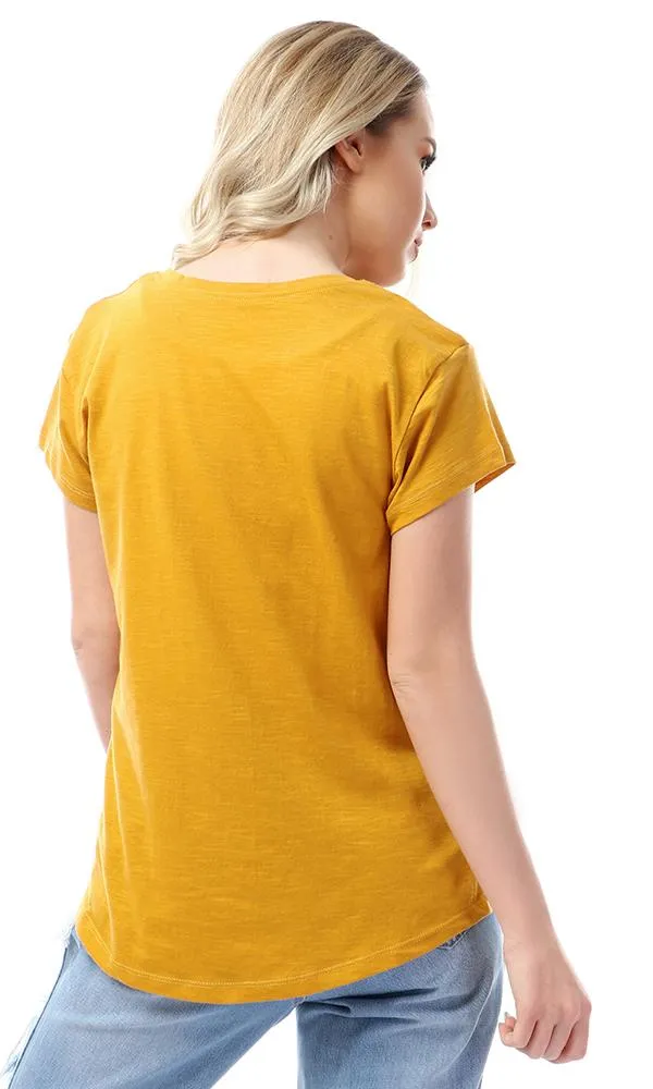57583 " Love " Printed Round Slip Mustard T-Shirt