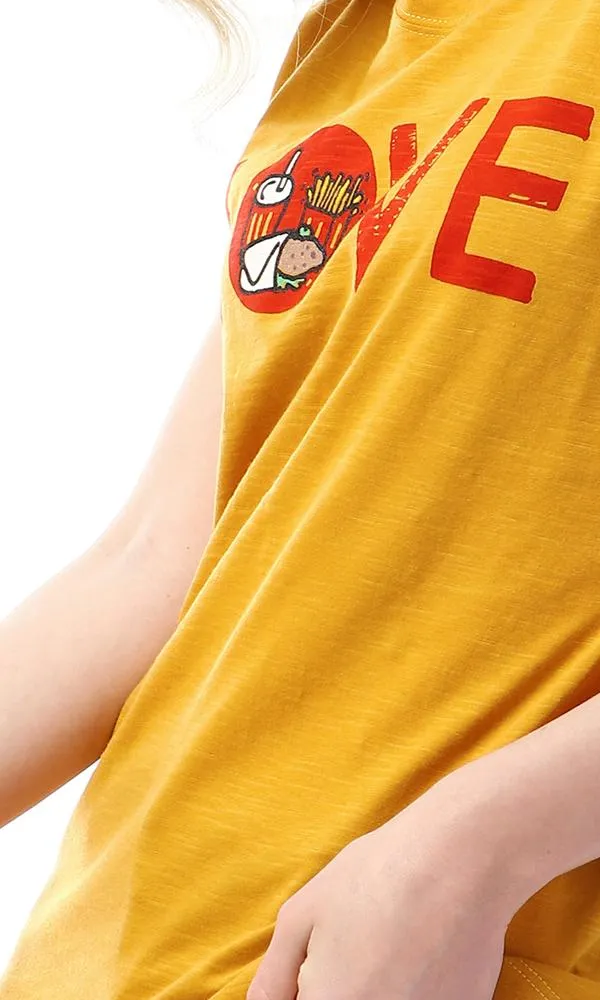 57583 " Love " Printed Round Slip Mustard T-Shirt