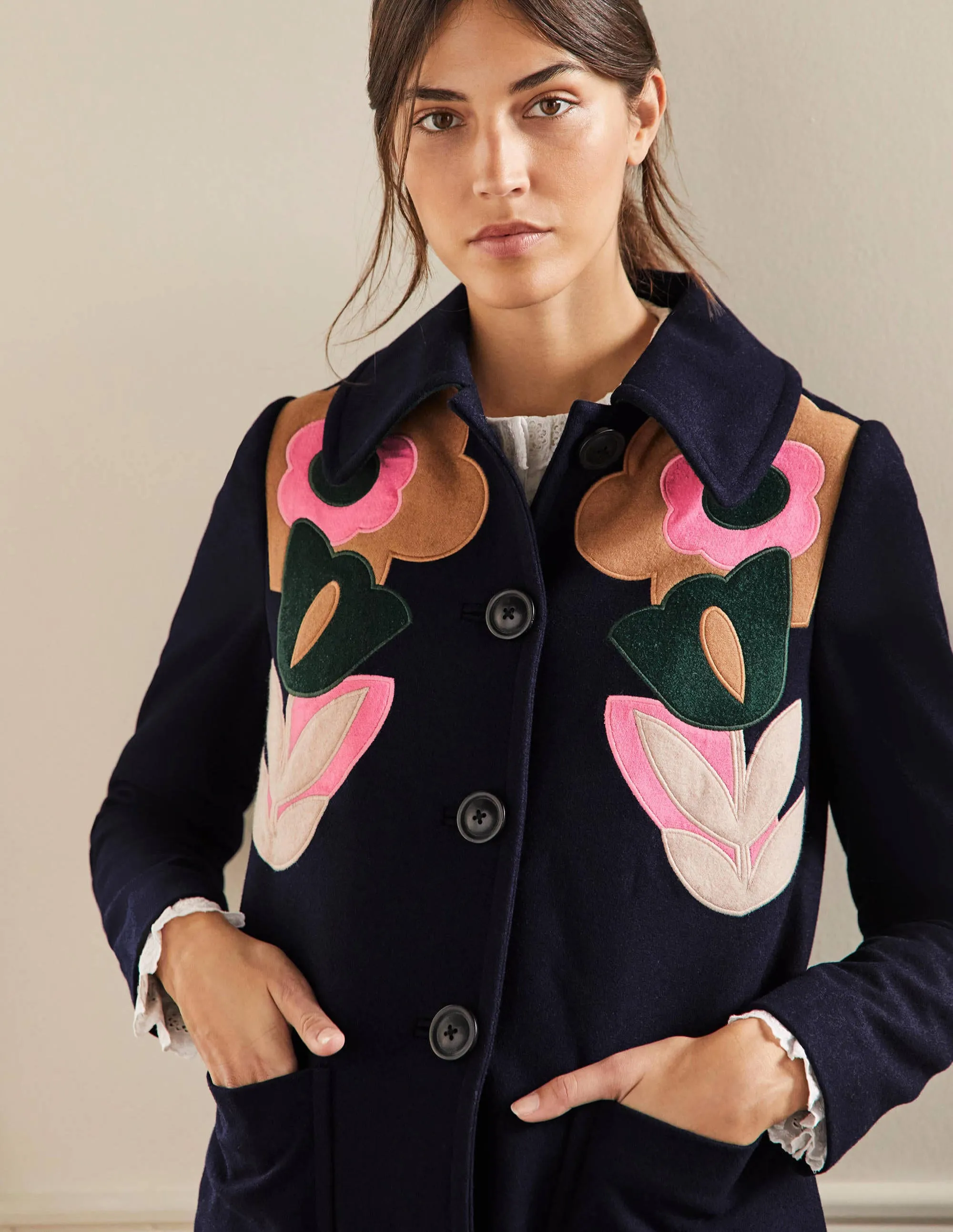 Amelia Appliqué Wool Coat-Navy