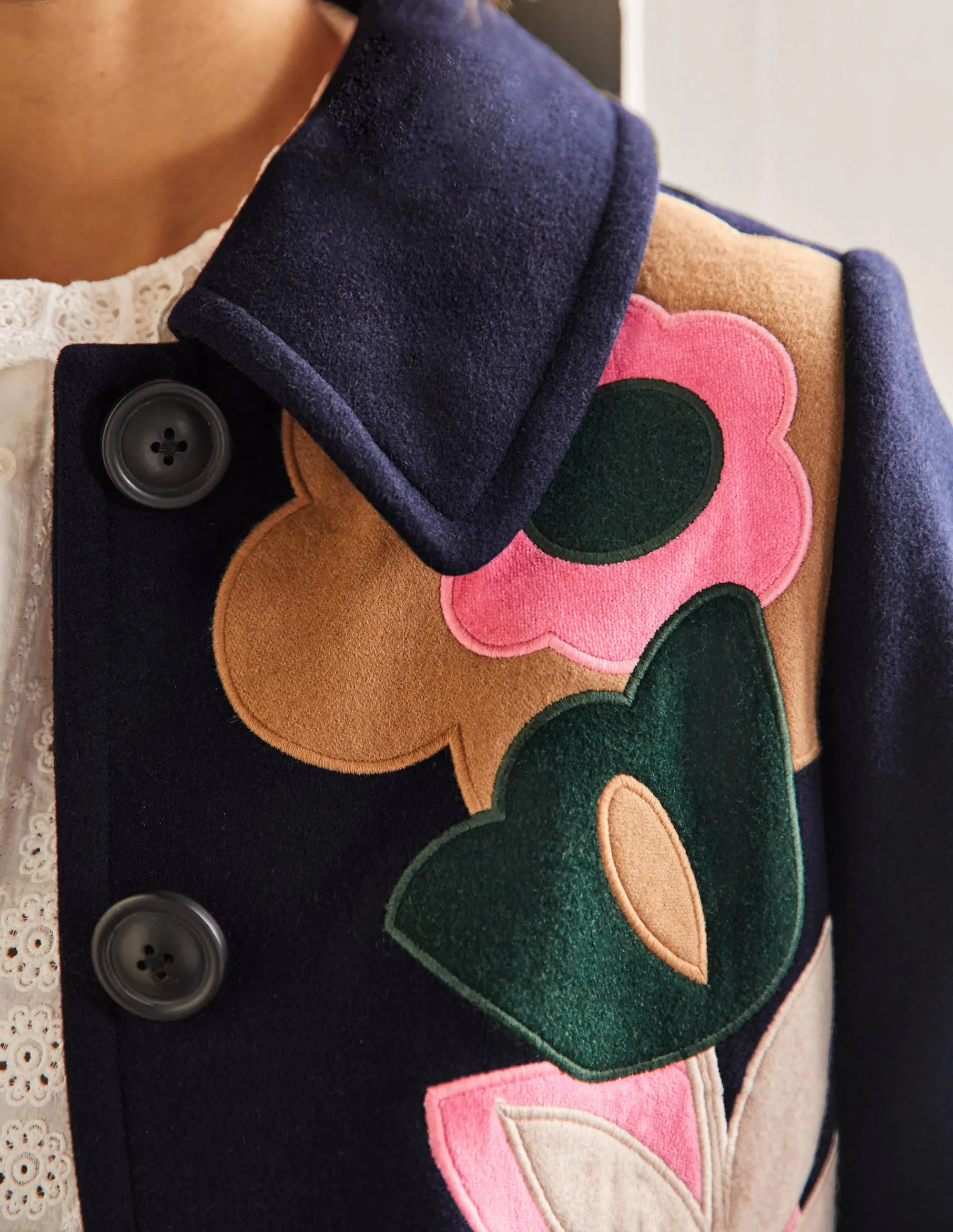 Amelia Appliqué Wool Coat-Navy