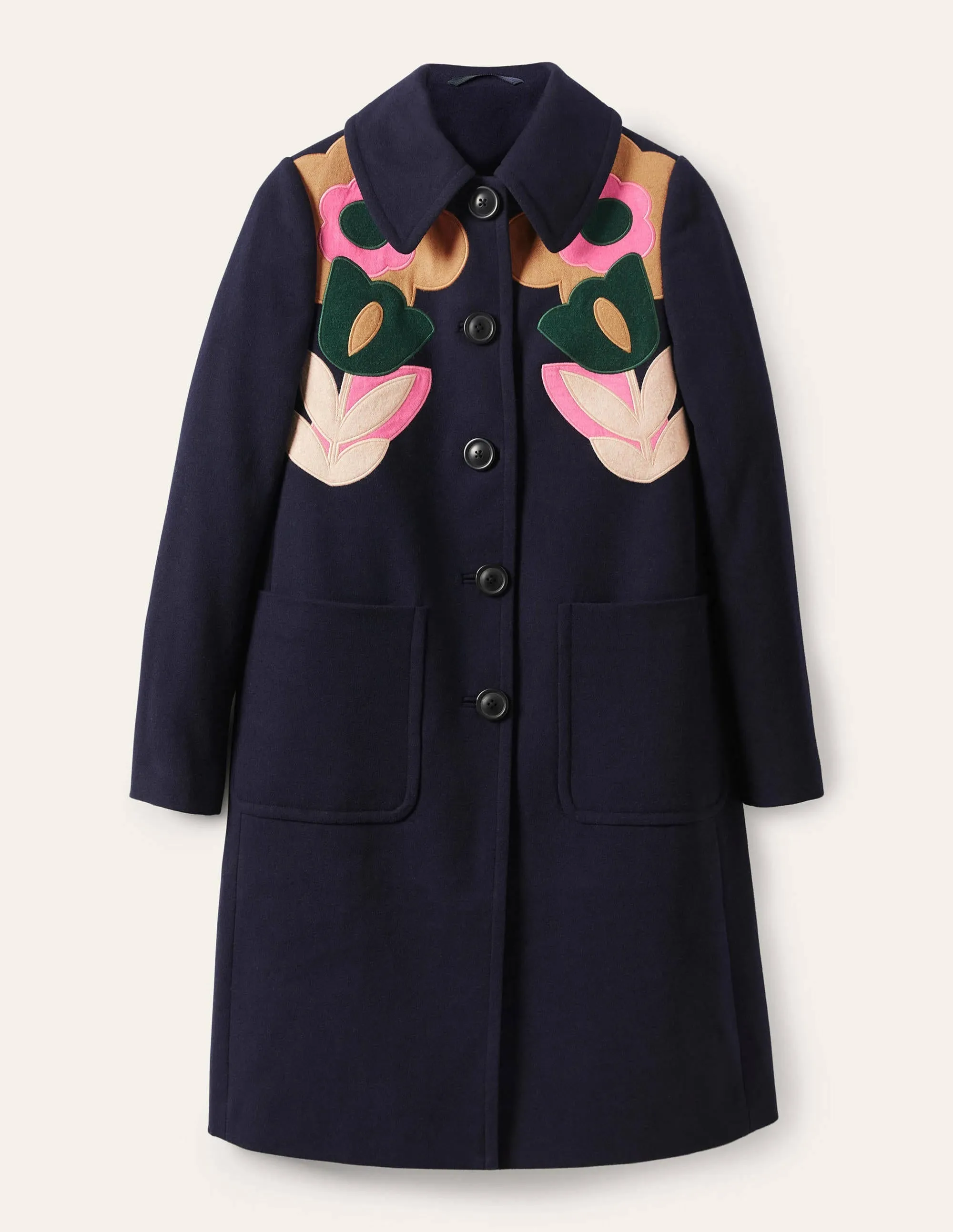 Amelia Appliqué Wool Coat-Navy