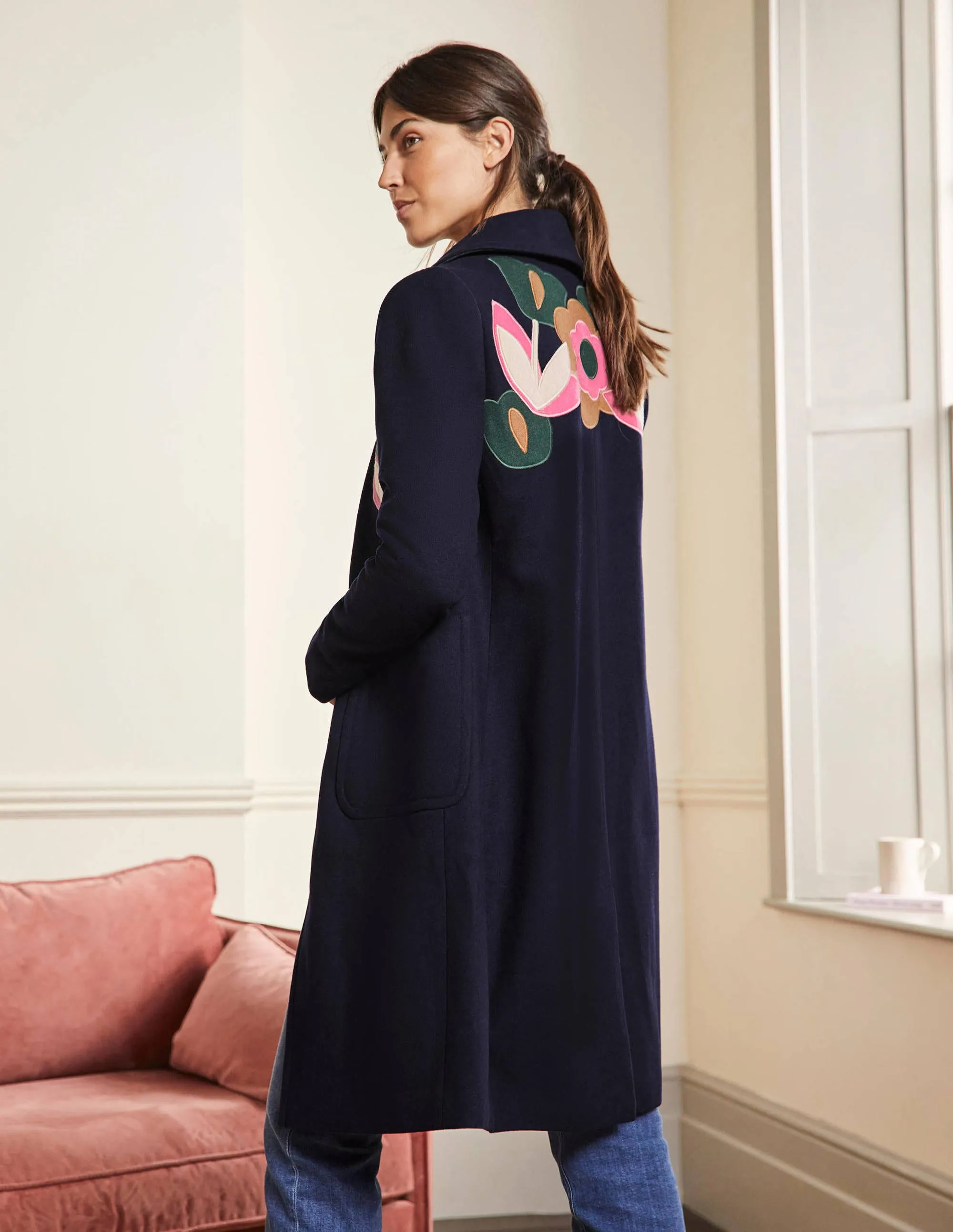 Amelia Appliqué Wool Coat-Navy