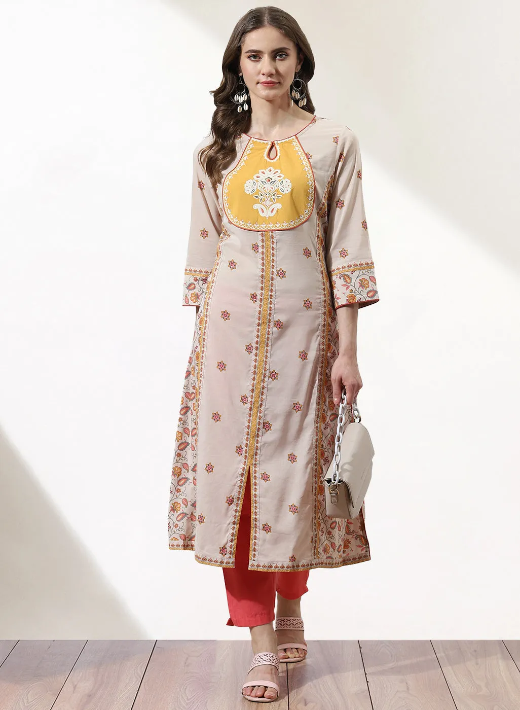 Beige Dhaage Collection Embroidered Kurta With Tassel Detailing