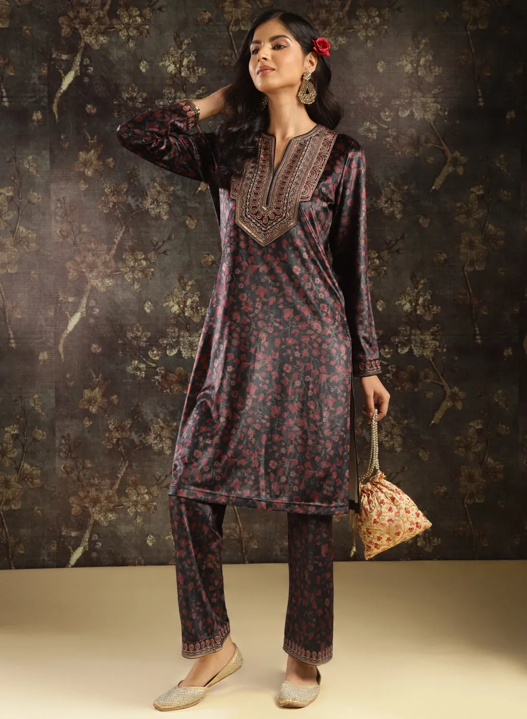 Black Printed Velvet Kurta Set with Brass Work and Zari Work