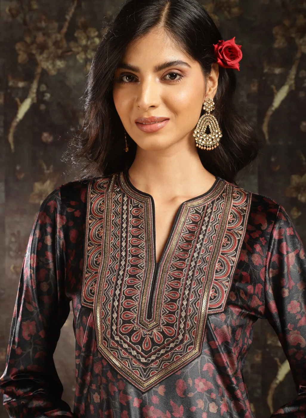 Black Printed Velvet Kurta Set with Brass Work and Zari Work