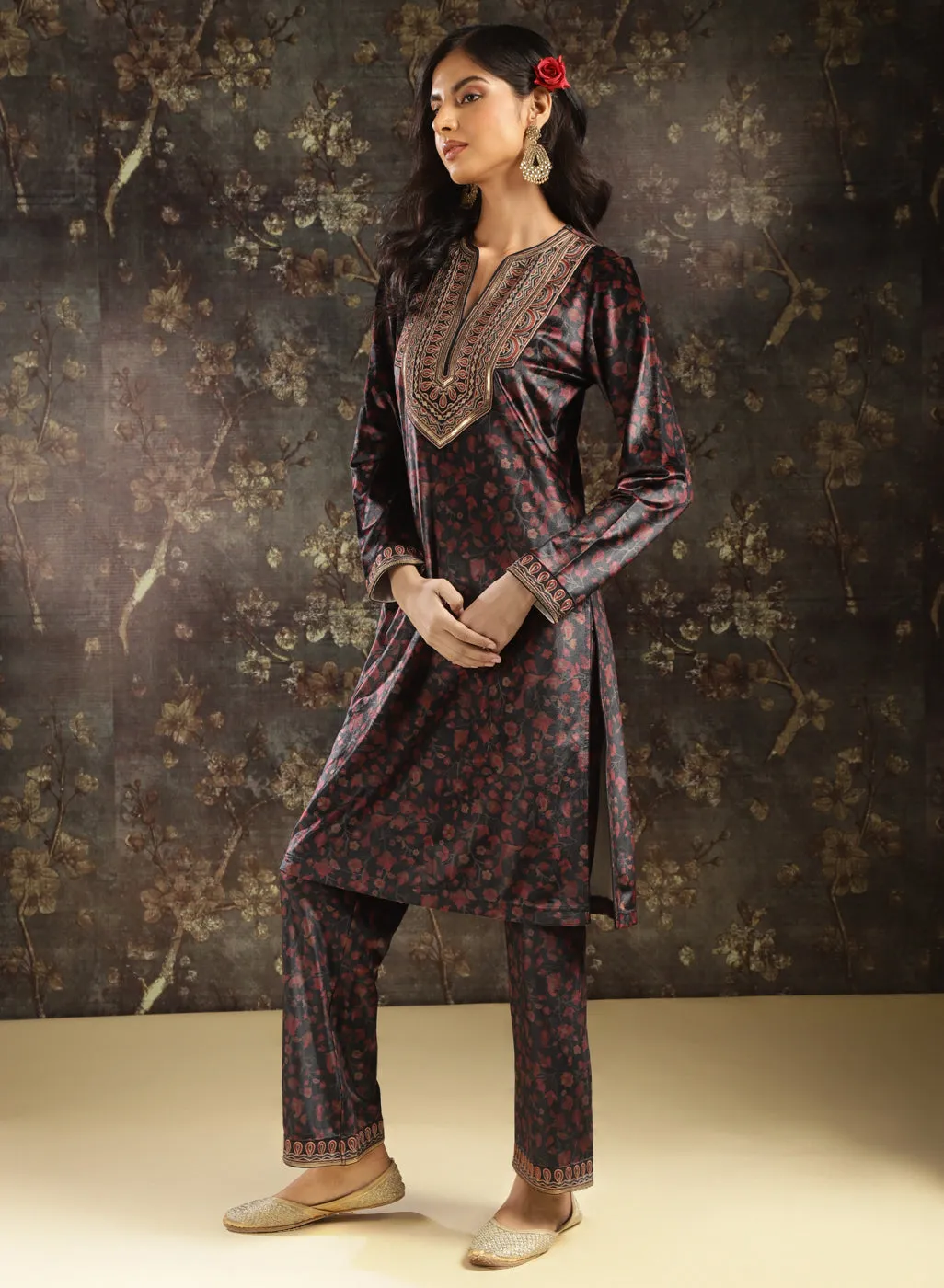 Black Printed Velvet Kurta Set with Brass Work and Zari Work