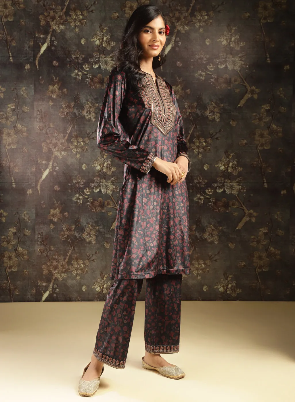 Black Printed Velvet Kurta Set with Brass Work and Zari Work