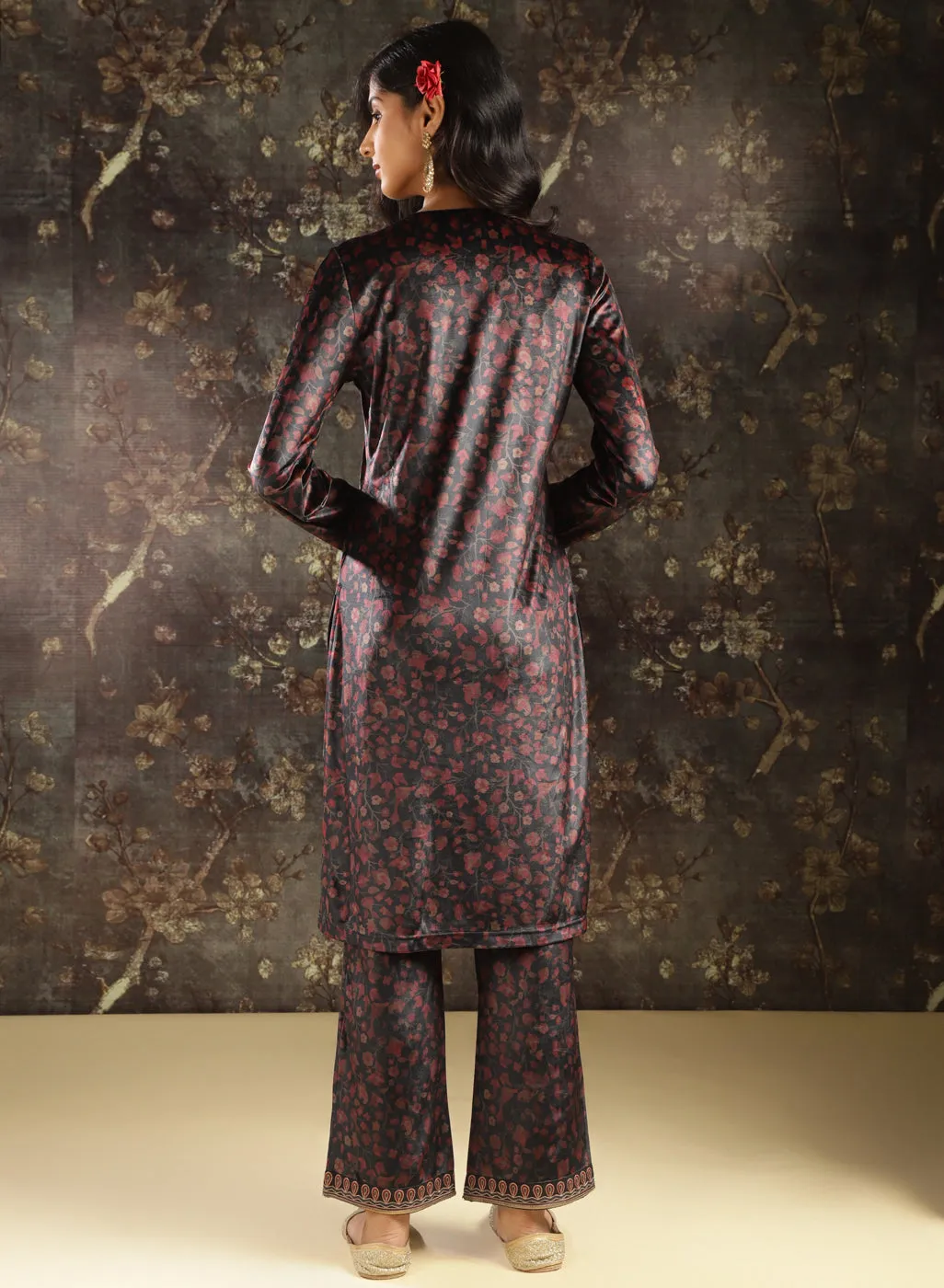 Black Printed Velvet Kurta Set with Brass Work and Zari Work