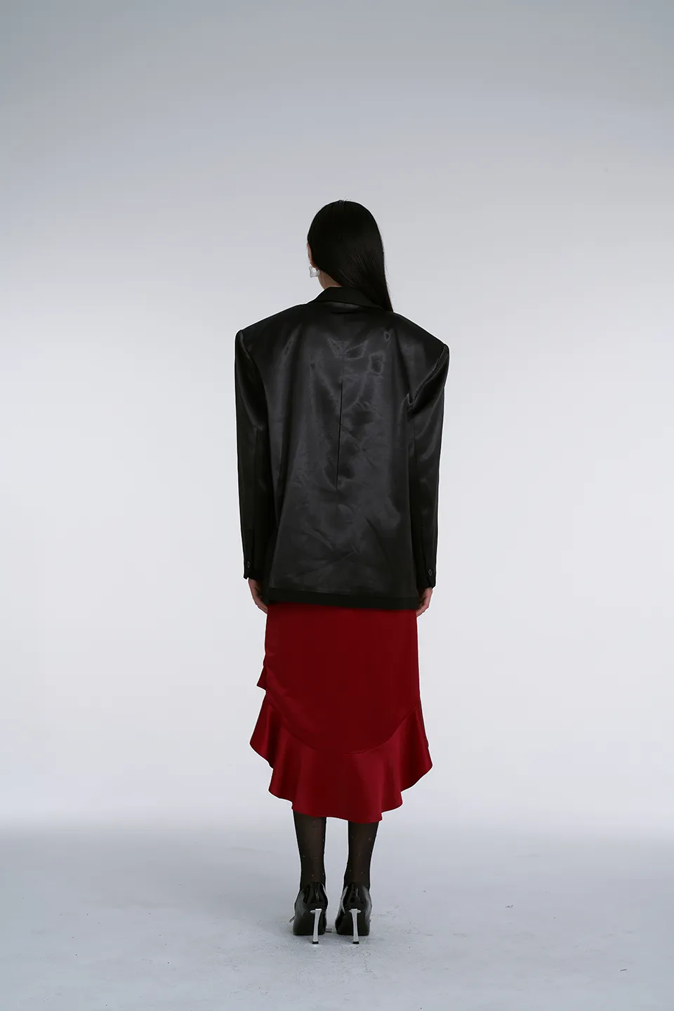 Black Satin Patchwork Wide Shoulder Blazer