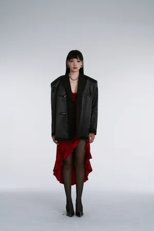 Black Satin Patchwork Wide Shoulder Blazer