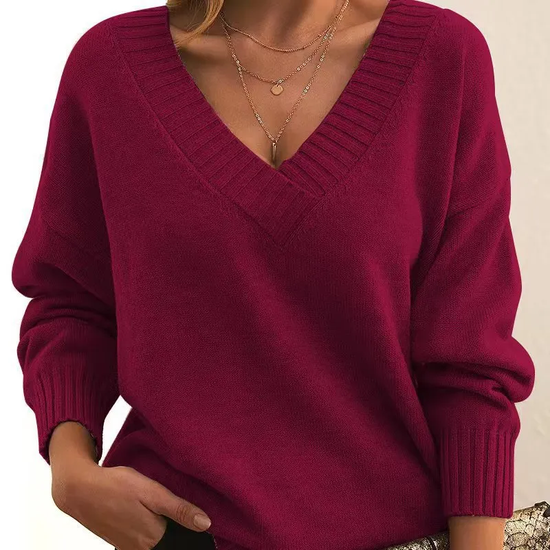 Long Sleeve V Neck Loose Sweaters Knit Pullover