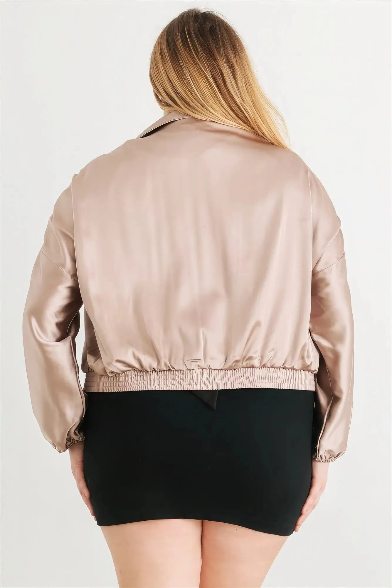 Plus Satin Zip-up Ruched Long Sleeve Cropped Bomber Jacket - Light Mocha