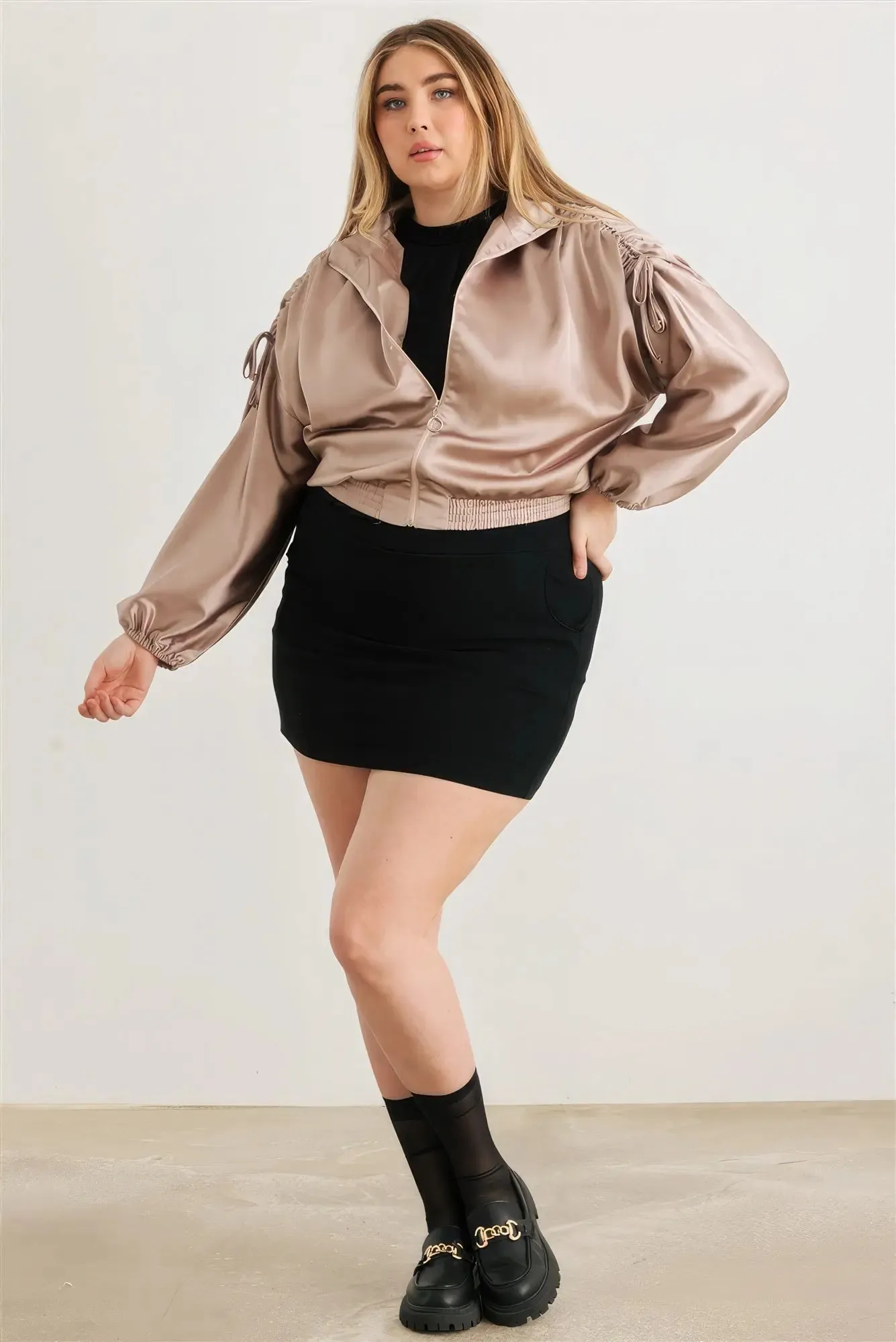 Plus Satin Zip-up Ruched Long Sleeve Cropped Bomber Jacket - Light Mocha