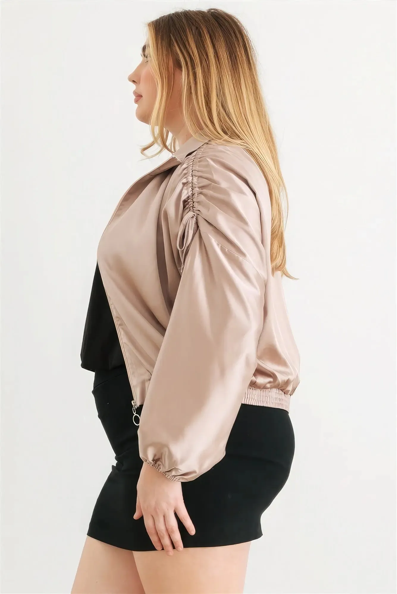 Plus Satin Zip-up Ruched Long Sleeve Cropped Bomber Jacket - Light Mocha