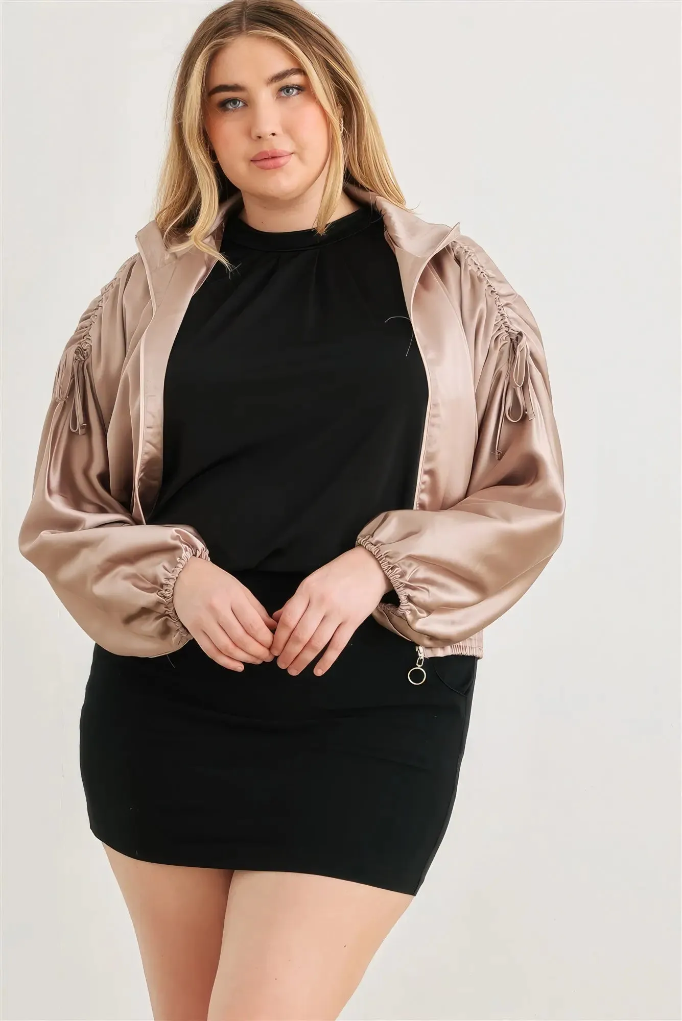 Plus Satin Zip-up Ruched Long Sleeve Cropped Bomber Jacket - Light Mocha