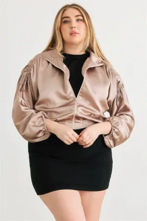 Plus Satin Zip-up Ruched Long Sleeve Cropped Bomber Jacket - Light Mocha
