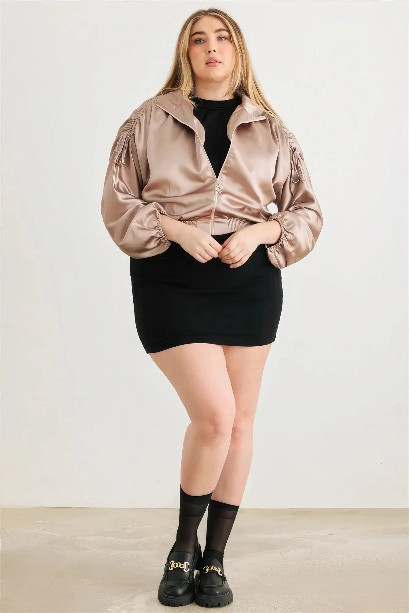 Plus Satin Zip-up Ruched Long Sleeve Cropped Bomber Jacket - Light Mocha