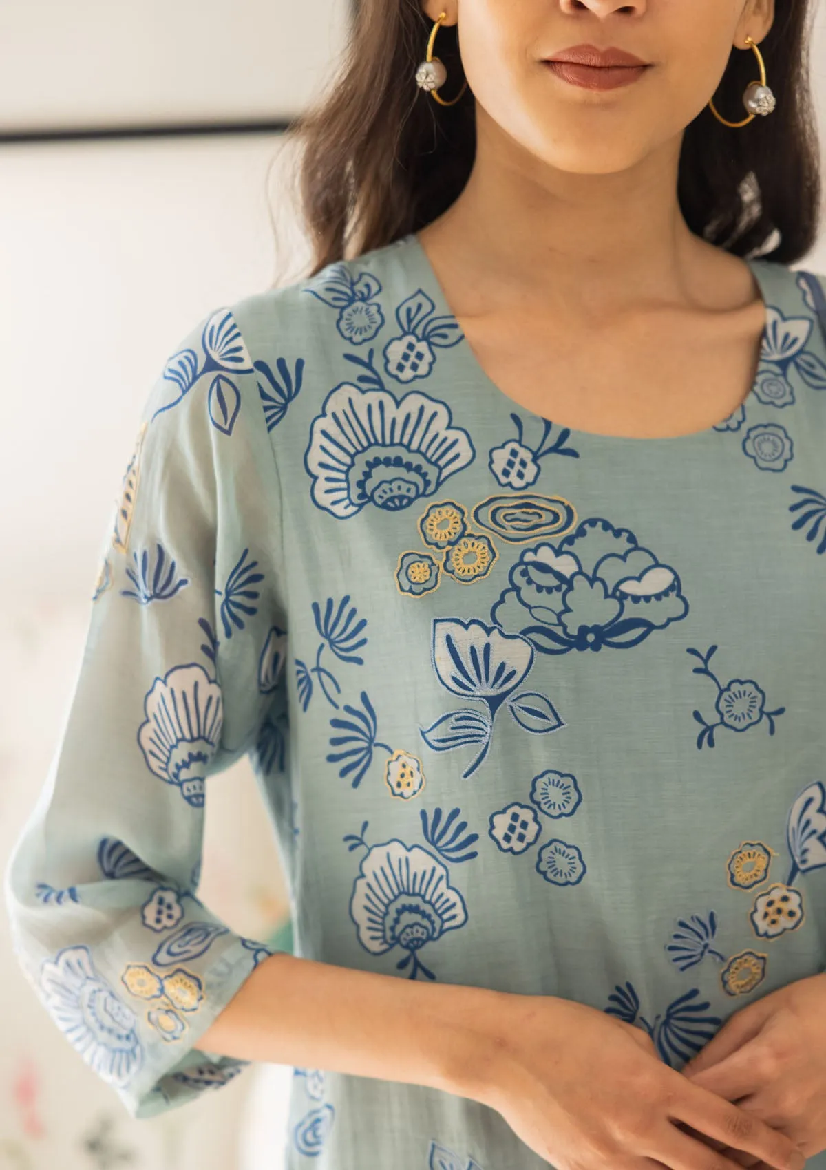 Powder Blue Floral Kurta Set