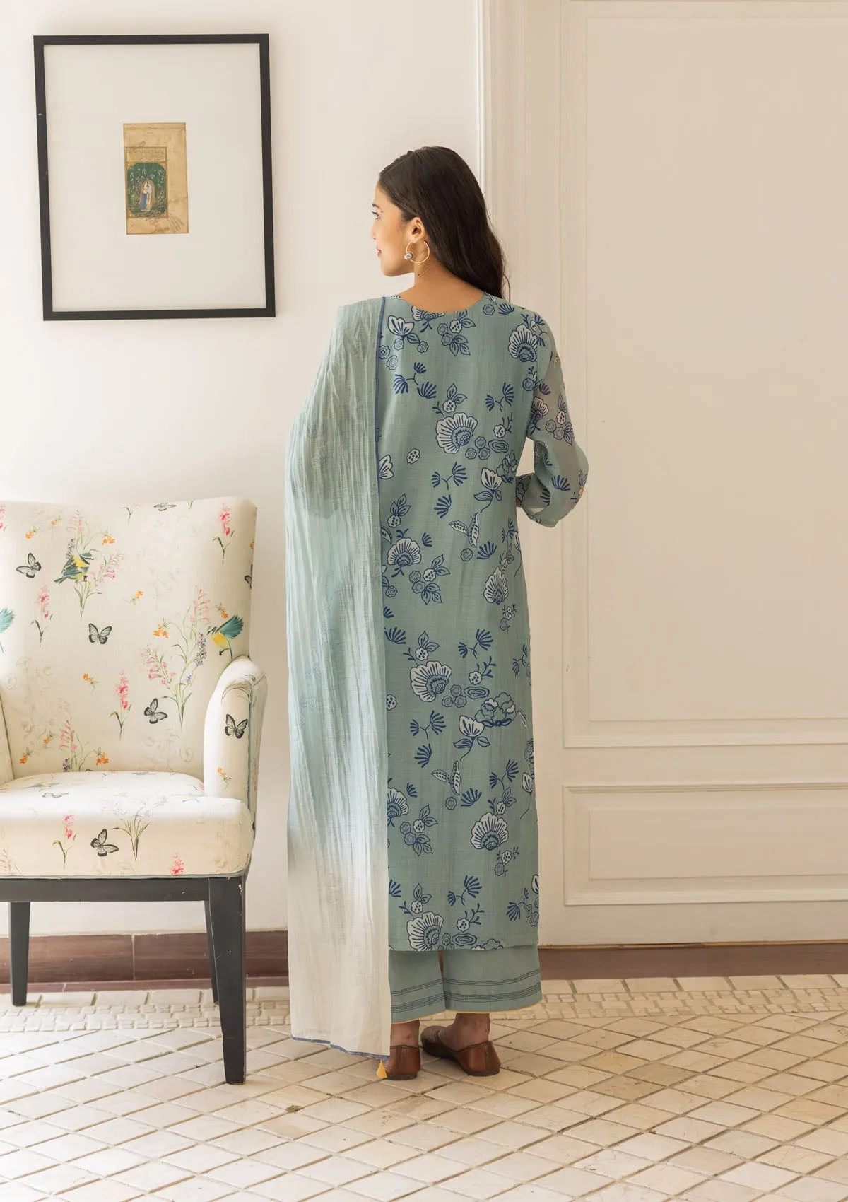 Powder Blue Floral Kurta Set