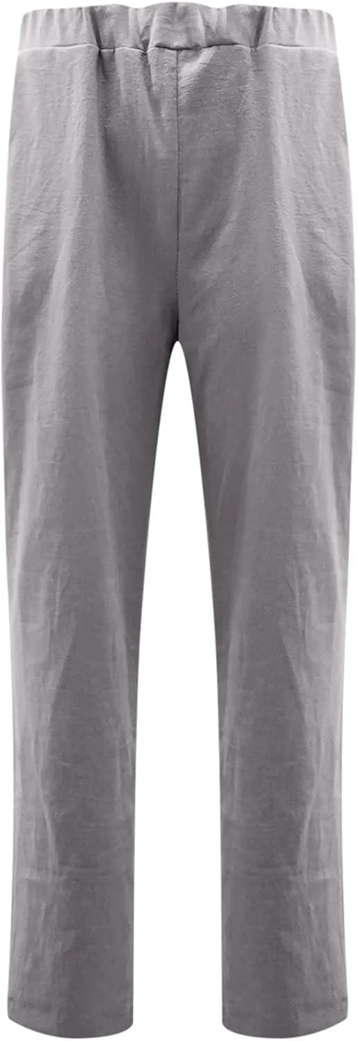 Relaxed Linen Joggers Women's Elastic Waist Wide Leg Straight Pants Summer Outdoor Loose Fit Capris Yoga Trousers