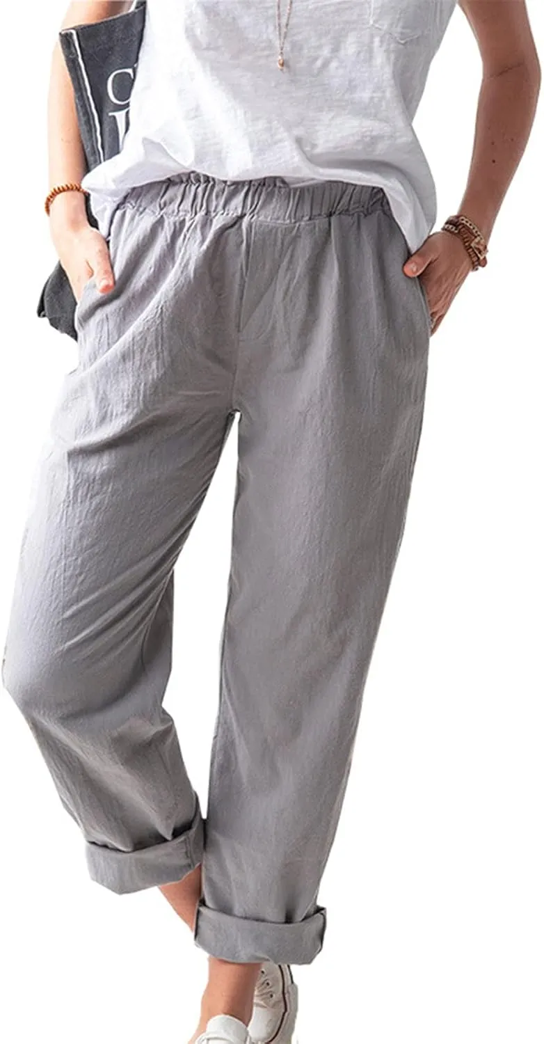 Relaxed Linen Joggers Women's Elastic Waist Wide Leg Straight Pants Summer Outdoor Loose Fit Capris Yoga Trousers