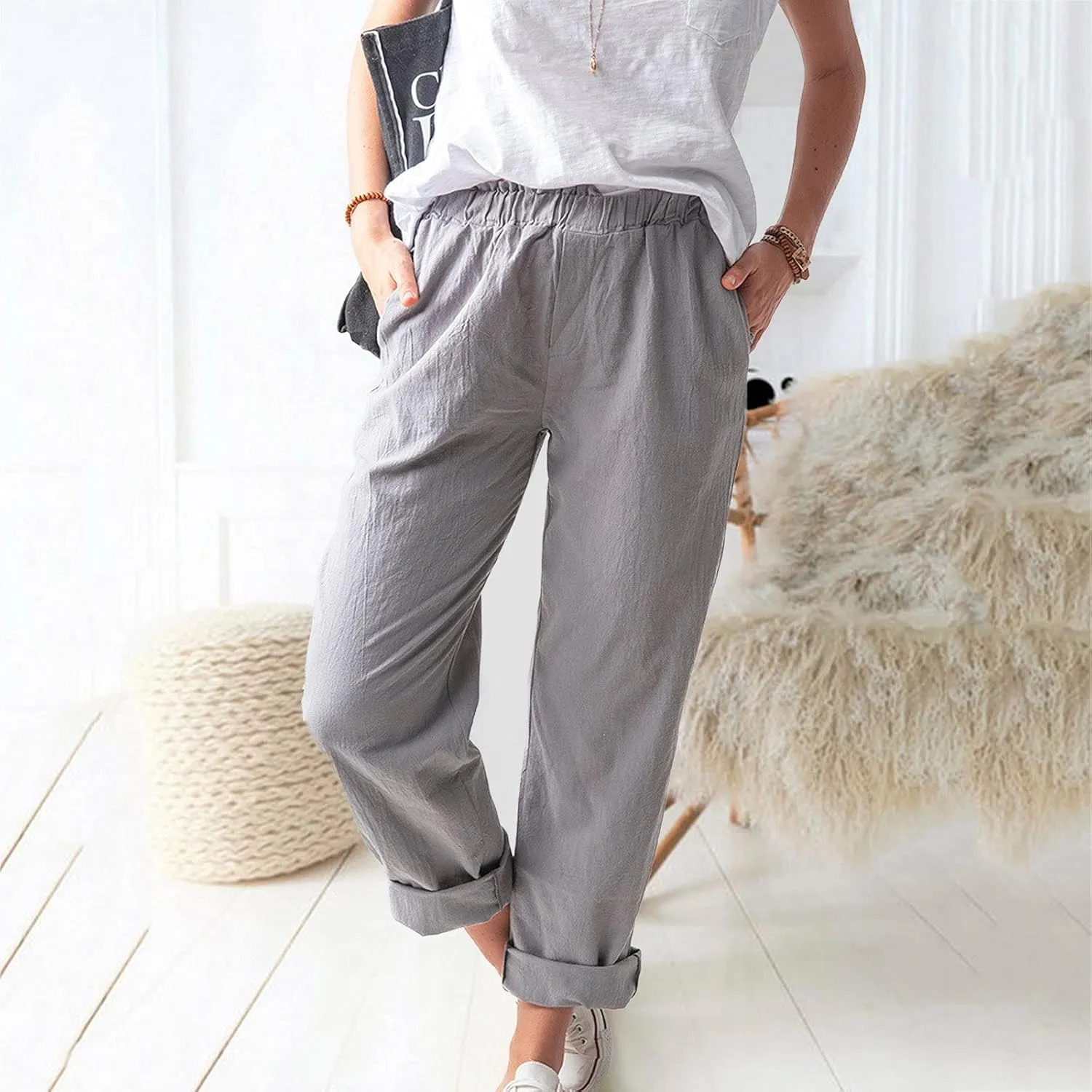 Relaxed Linen Joggers Women's Elastic Waist Wide Leg Straight Pants Summer Outdoor Loose Fit Capris Yoga Trousers