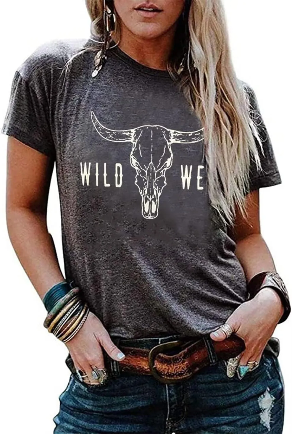 Retro Steer Skull Western T-Shirts Women Leopard Vintage Graphic Tees Country Concert Shirt Cowboy Short Sleeve Tops