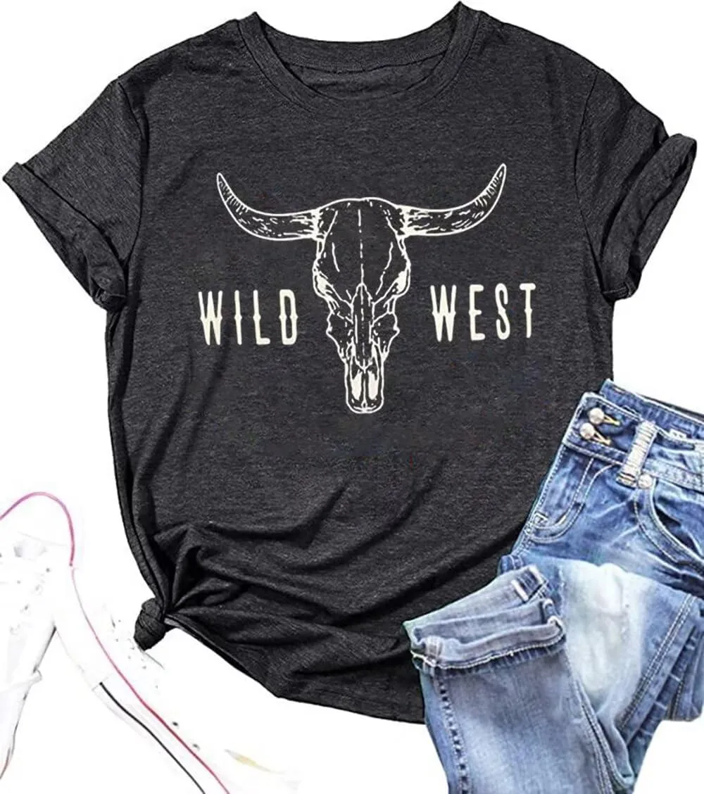Retro Steer Skull Western T-Shirts Women Leopard Vintage Graphic Tees Country Concert Shirt Cowboy Short Sleeve Tops