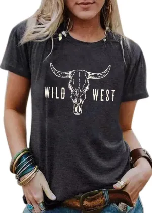 Retro Steer Skull Western T-Shirts Women Leopard Vintage Graphic Tees Country Concert Shirt Cowboy Short Sleeve Tops