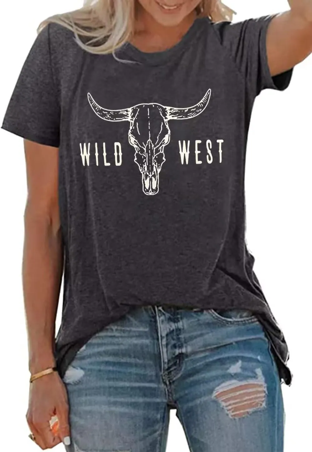 Retro Steer Skull Western T-Shirts Women Leopard Vintage Graphic Tees Country Concert Shirt Cowboy Short Sleeve Tops