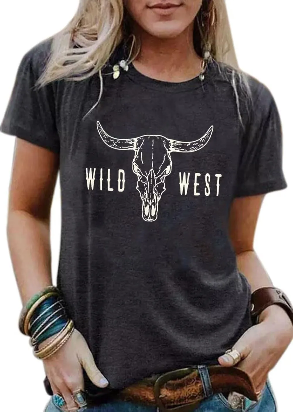 Retro Steer Skull Western T-Shirts Women Leopard Vintage Graphic Tees Country Concert Shirt Cowboy Short Sleeve Tops