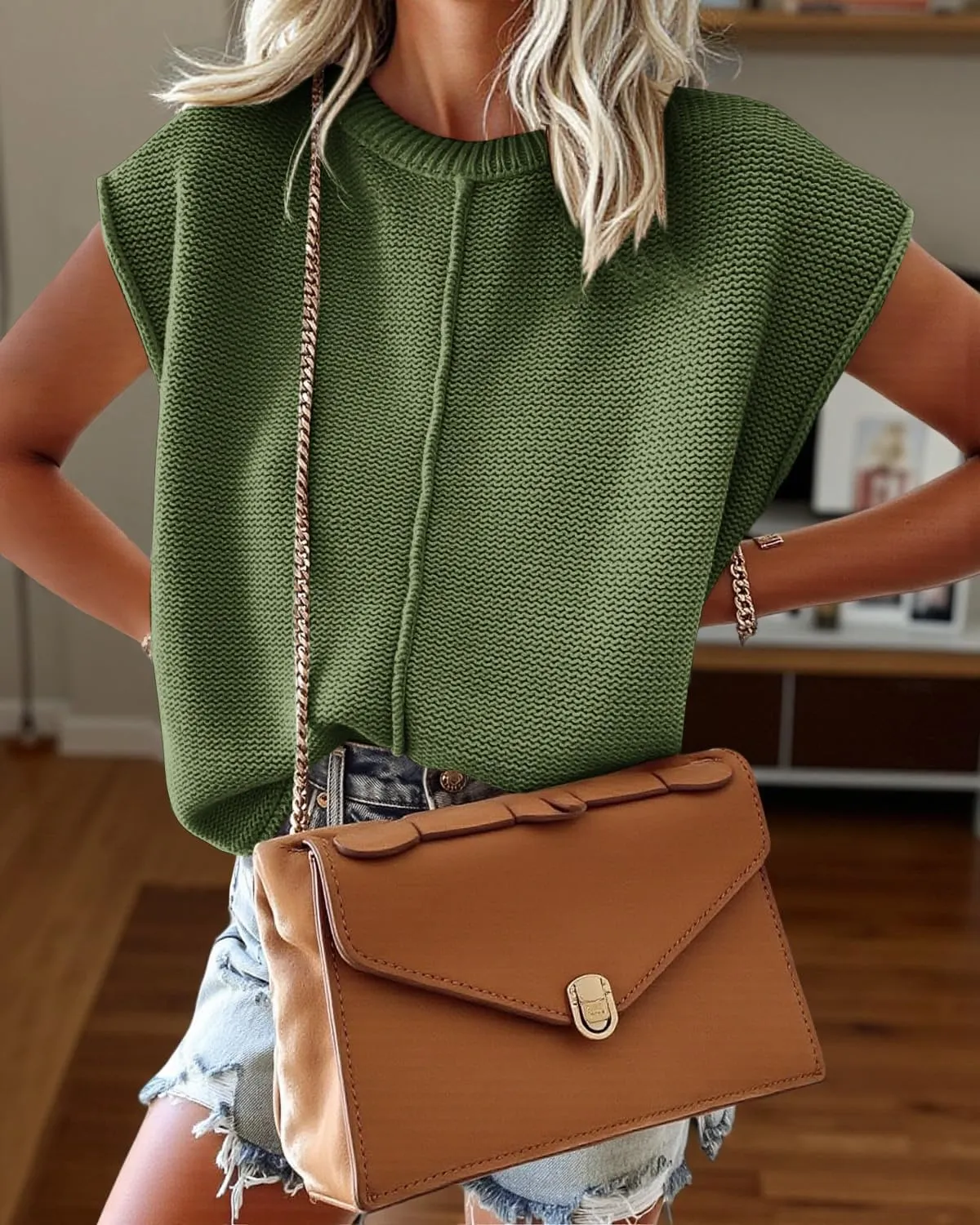 Saodimallsu Womens Summer Cap Sleeve Tops Casual Crew Neck Loose Fit Knit Lightweight Sweater Pullover Top