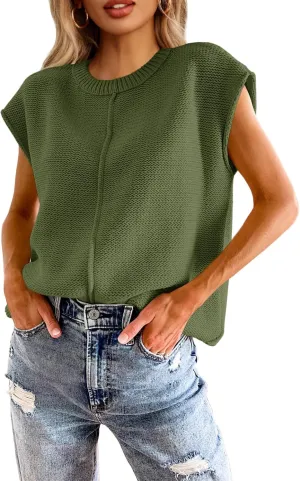 Saodimallsu Womens Summer Cap Sleeve Tops Casual Crew Neck Loose Fit Knit Lightweight Sweater Pullover Top