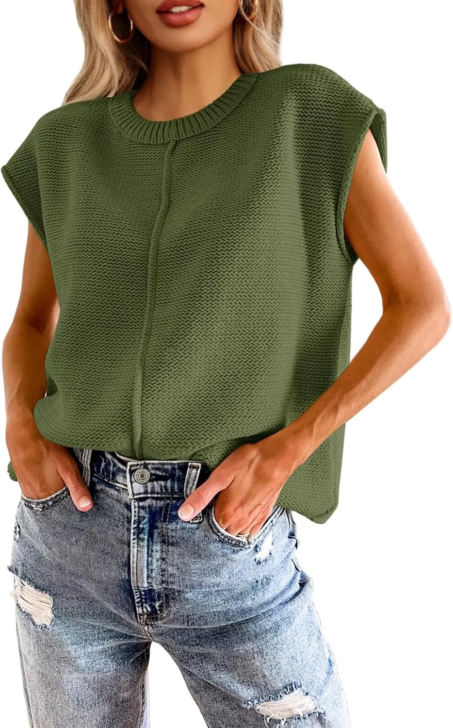 Saodimallsu Womens Summer Cap Sleeve Tops Casual Crew Neck Loose Fit Knit Lightweight Sweater Pullover Top