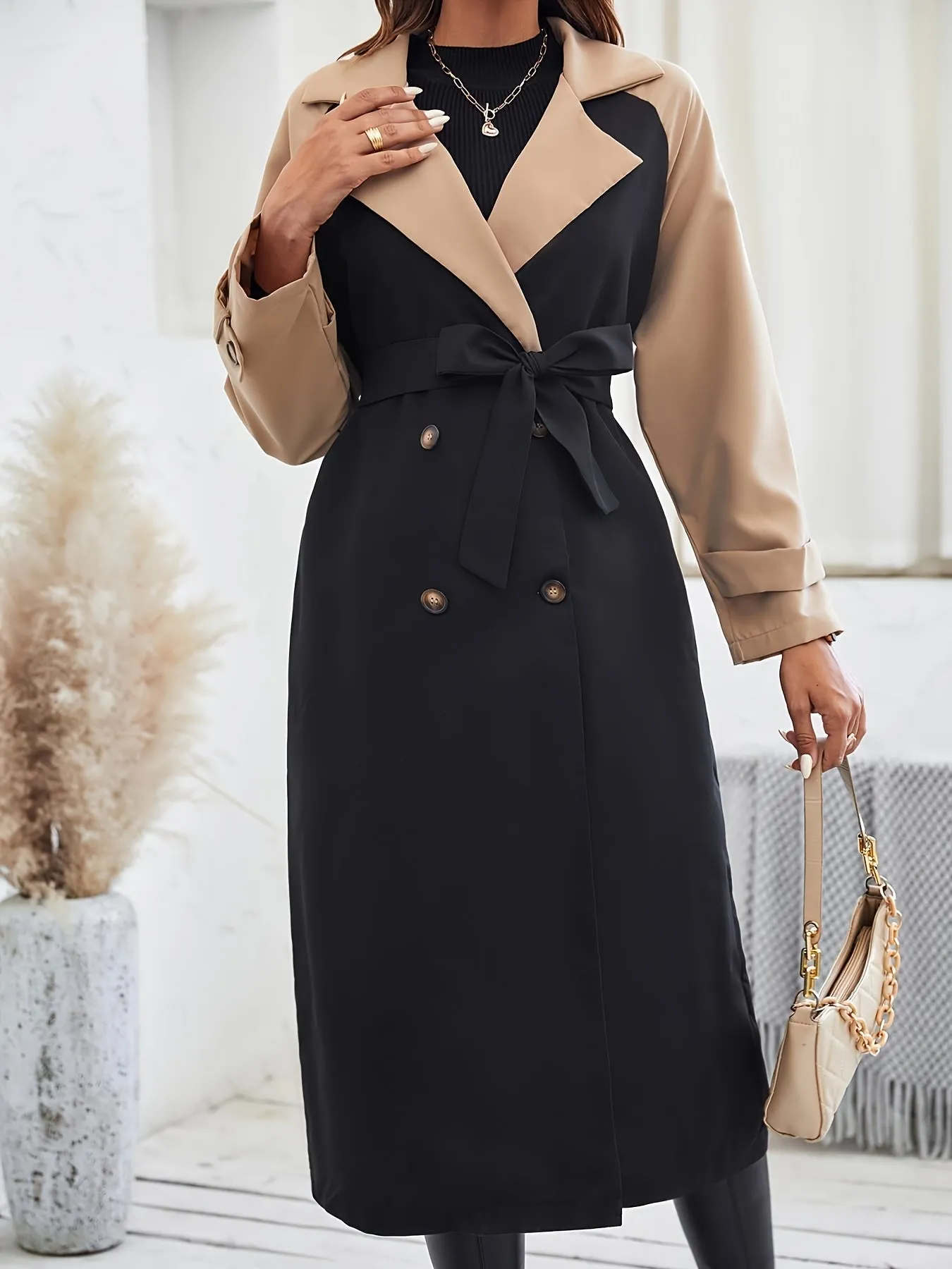 Stylish Color Block Trench Coat with Button Detail and Machine Washable Design for Women | Perfect for Casual Days