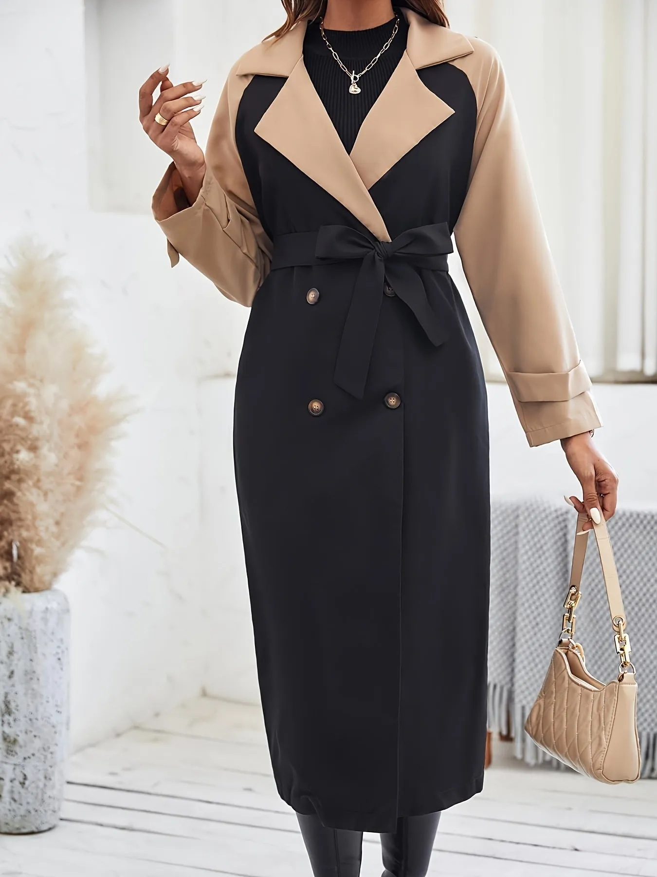 Stylish Color Block Trench Coat with Button Detail and Machine Washable Design for Women | Perfect for Casual Days
