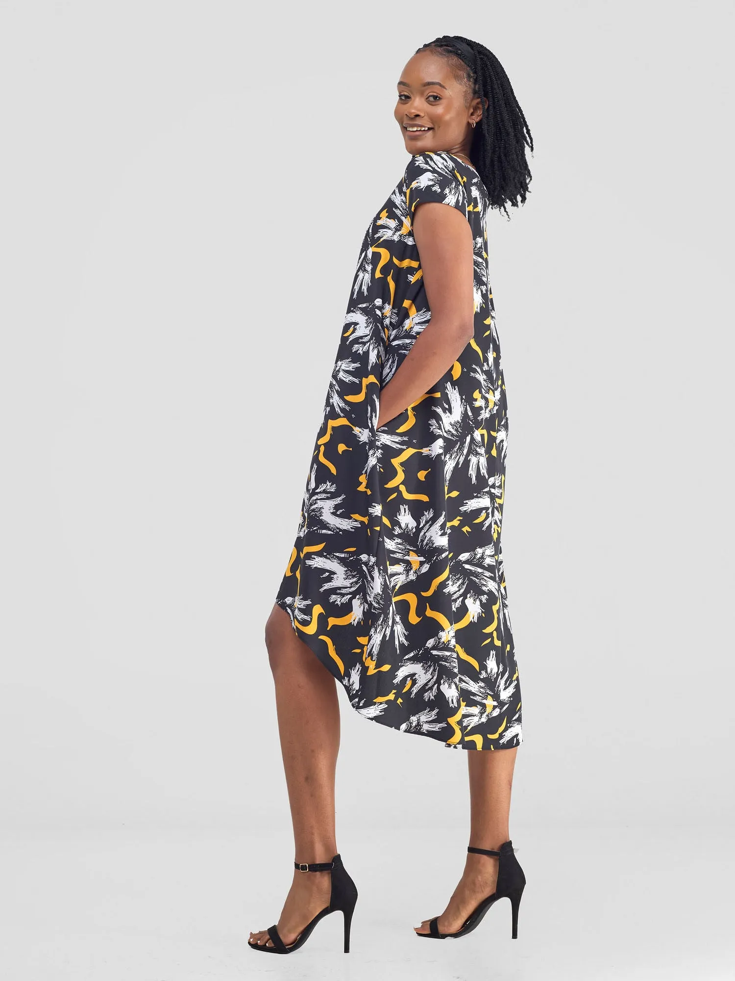 Vivo Jema High Low Tent Dress - Yellow / Black Print