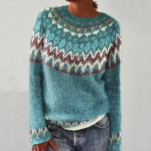 Winter Fall Wave Print Vintage Casual Loose Long Sleeve Knitted Sweater