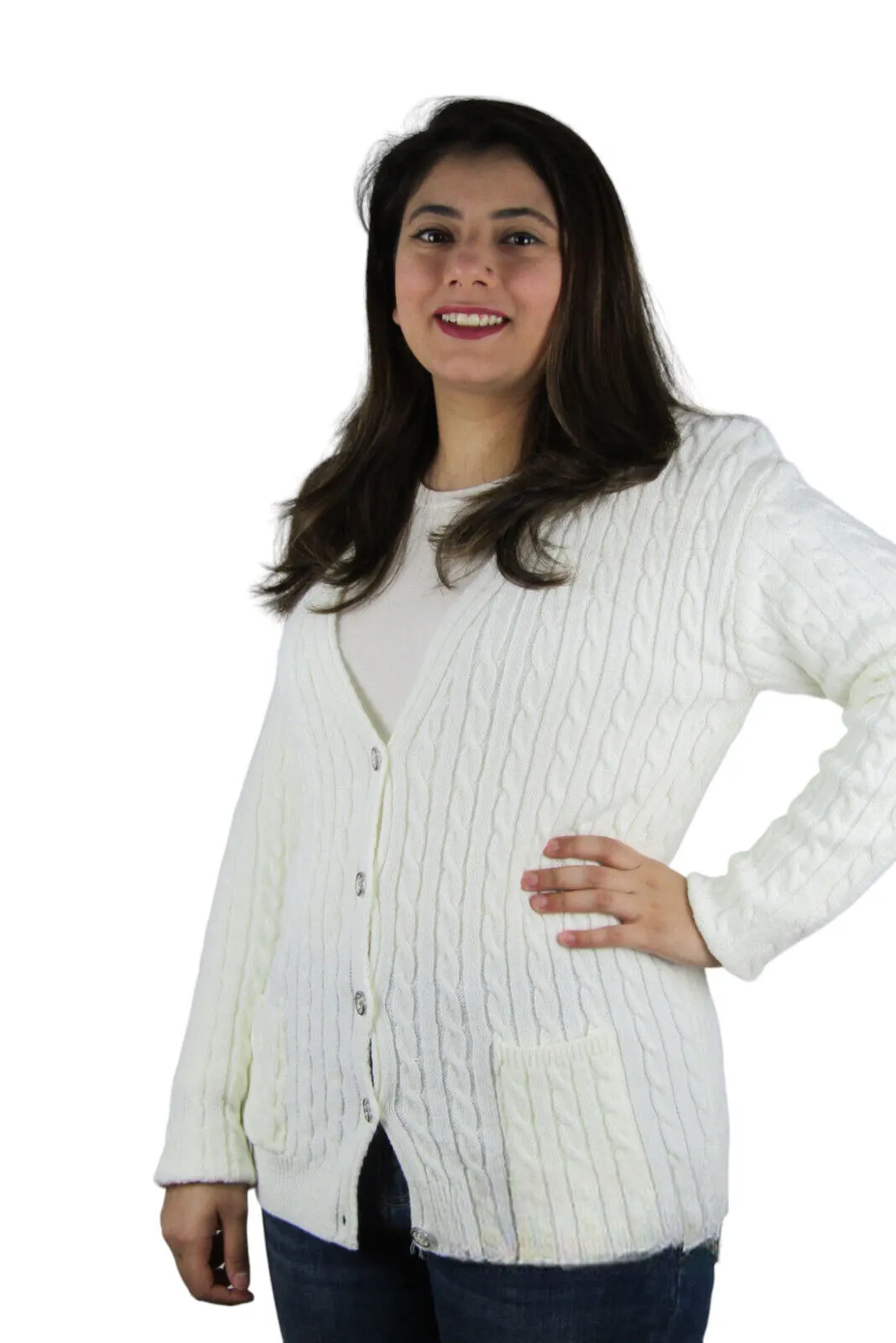 Womens Full Cable Knit Cardigan Button Long Sleeve Jumper Sweater