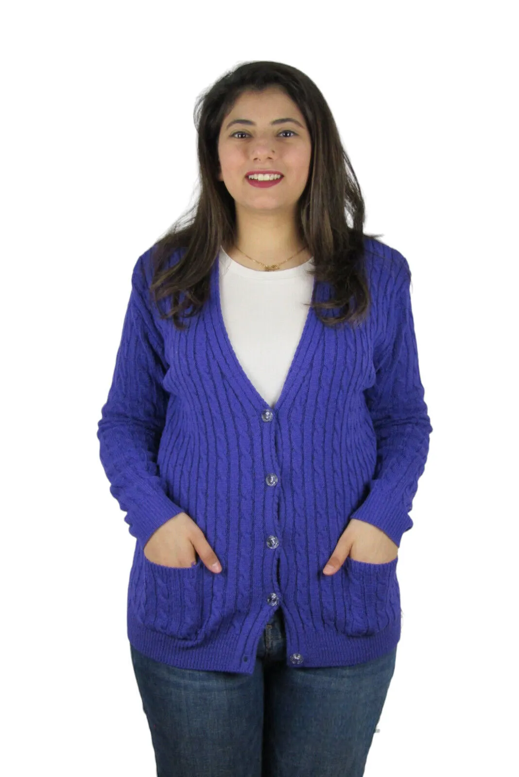 Womens Full Cable Knit Cardigan Button Long Sleeve Jumper Sweater
