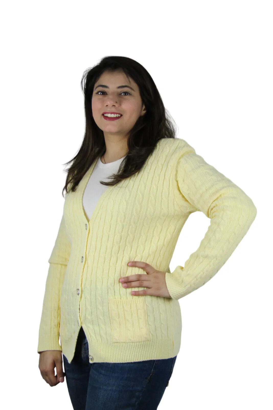 Womens Full Cable Knit Cardigan Button Long Sleeve Jumper Sweater