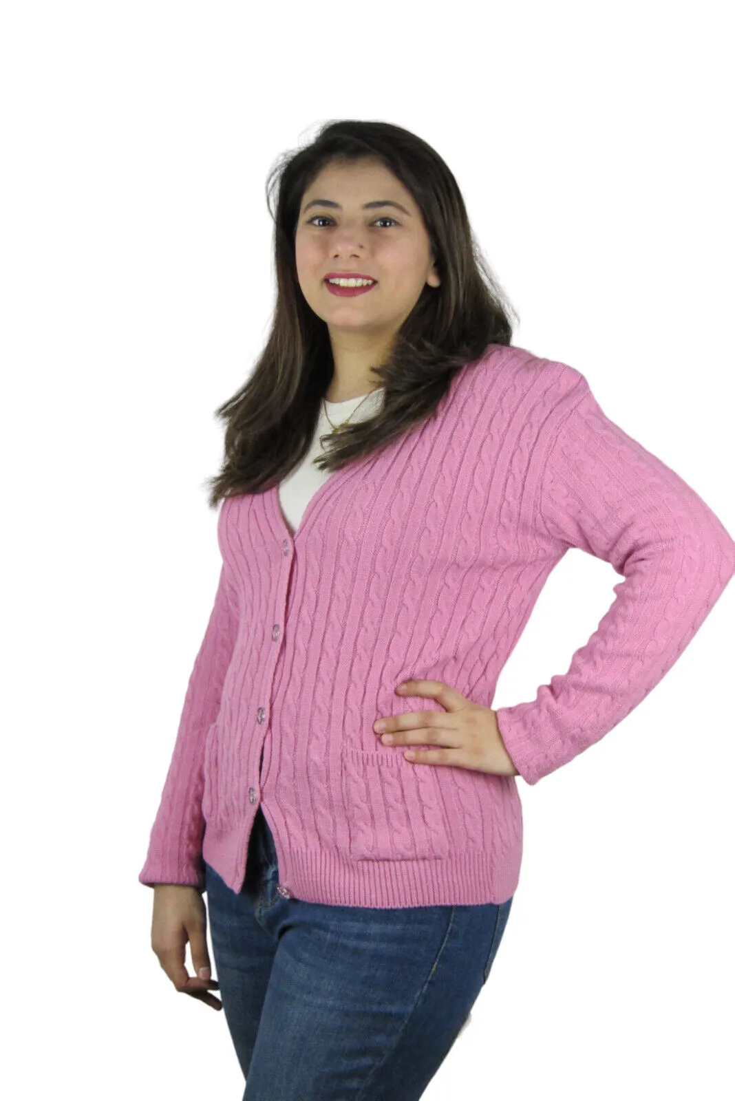 Womens Full Cable Knit Cardigan Button Long Sleeve Jumper Sweater
