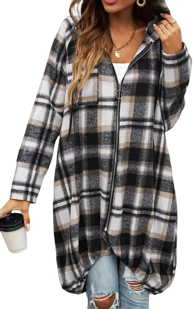 Womens Plaid Shacket Color Block Long Jacket Casual Zip Up Hoodies Oversized Plaid Shirts Fall Fashion Outwear