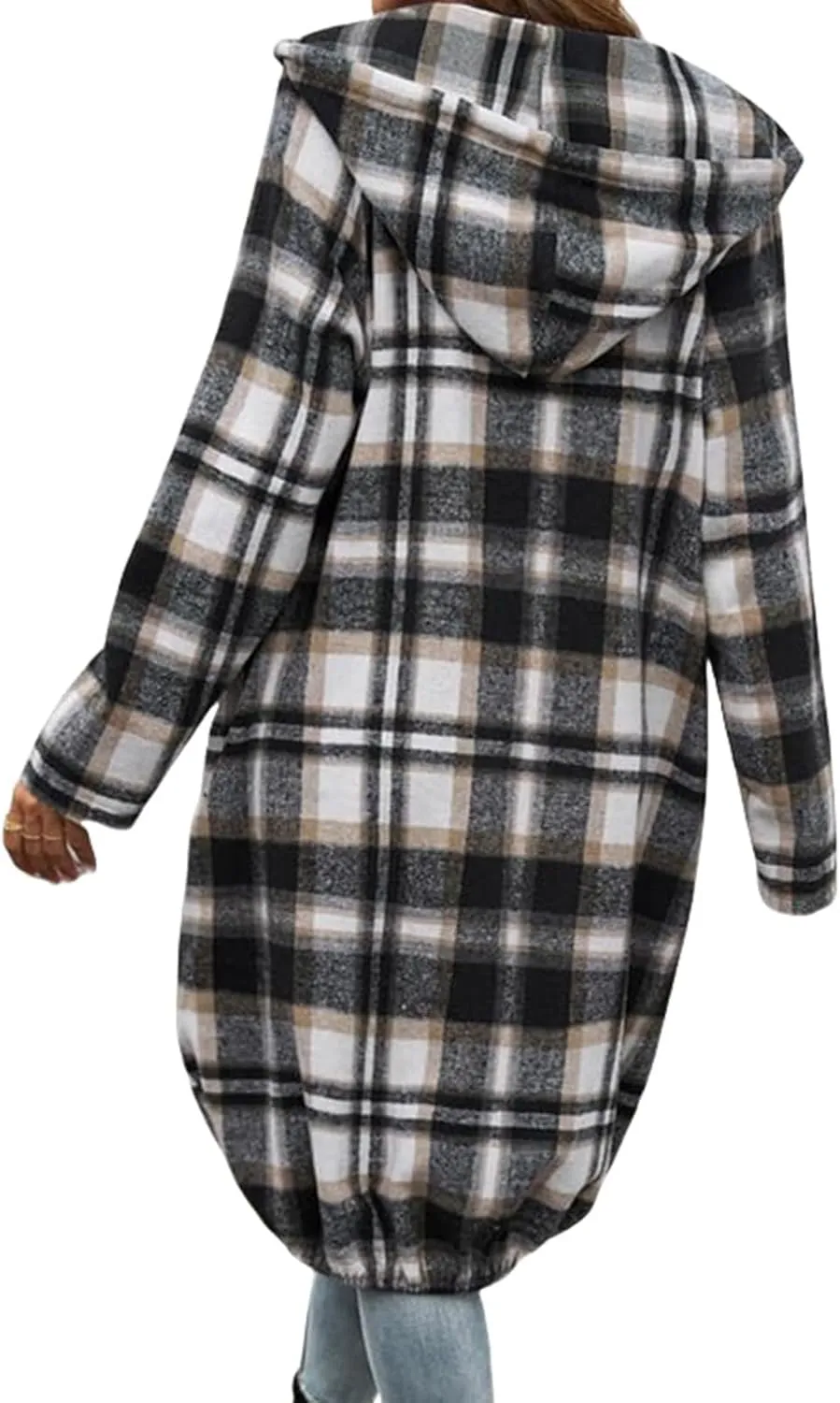 Womens Plaid Shacket Color Block Long Jacket Casual Zip Up Hoodies Oversized Plaid Shirts Fall Fashion Outwear